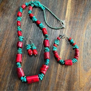 Real Turquoise Red Coral Necklace Bracelet Earring 3 pc set blue green handmade